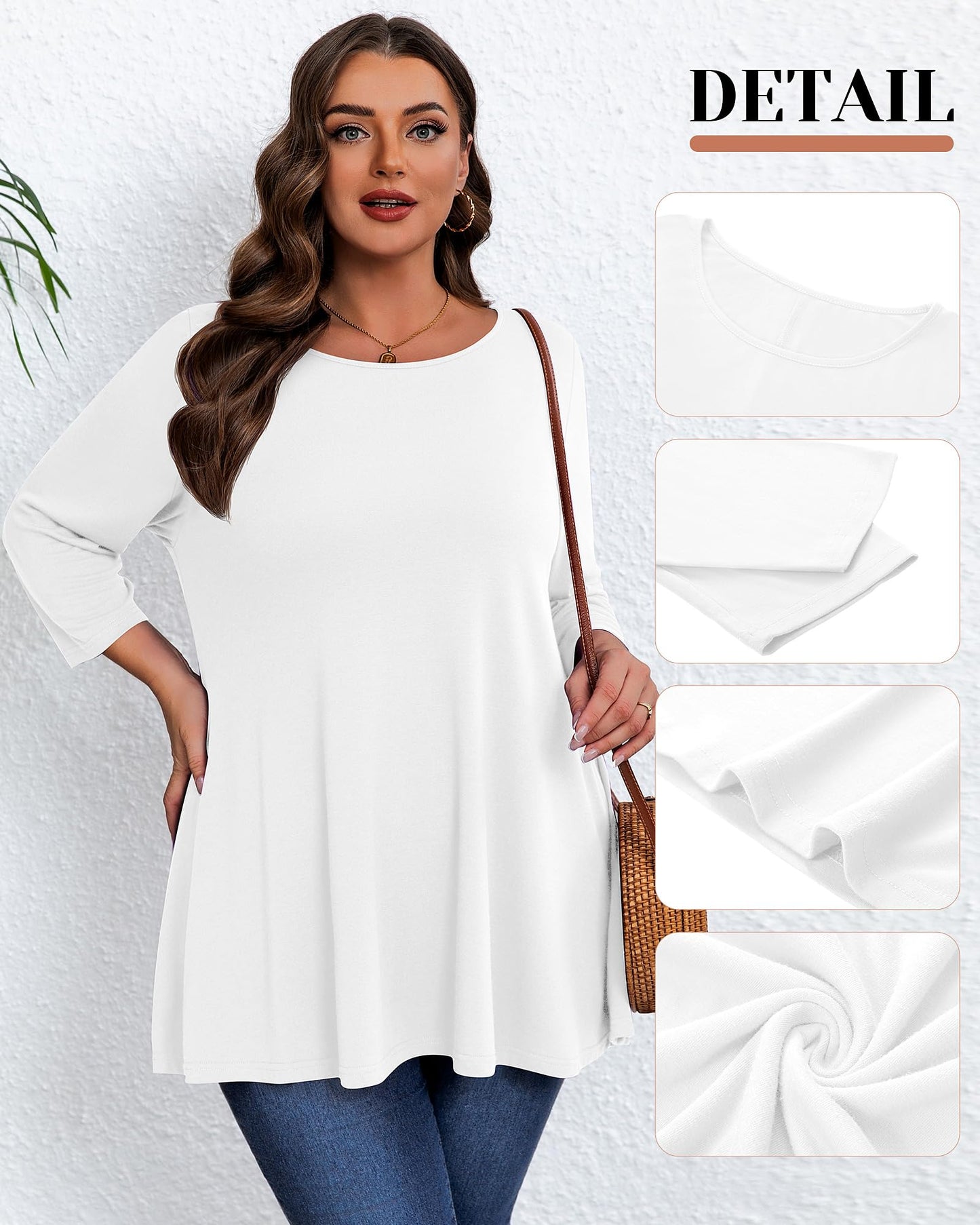 Evervibe 3 Pack Plus Size Tunic Tops for Curvy Women 3/4 Sleeve Shirts Loose Spring Casual Swing Flare Blouses with Leggings