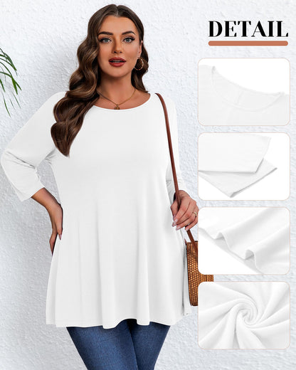 Evervibe 3 Pack Plus Size Tunic Tops for Curvy Women 3/4 Sleeve Shirts Loose Spring Casual Swing Flare Blouses with Leggings