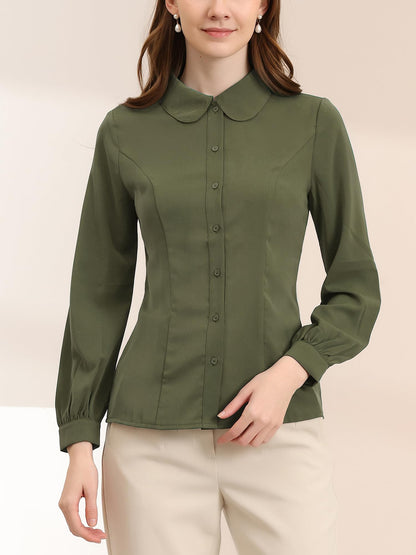 Allegra K Blusa de trabajo con cuello Peter Pan para mujer, estilo casual, de manga larga, con botones