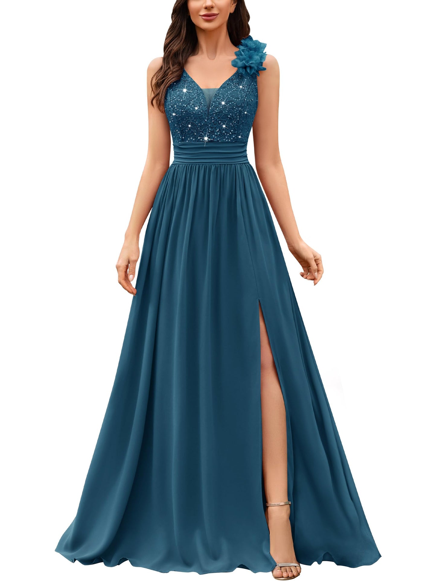 Miusol Women's Vintage V-Neck Sleeveless Sequined Split Formal Evening Maxi Dress