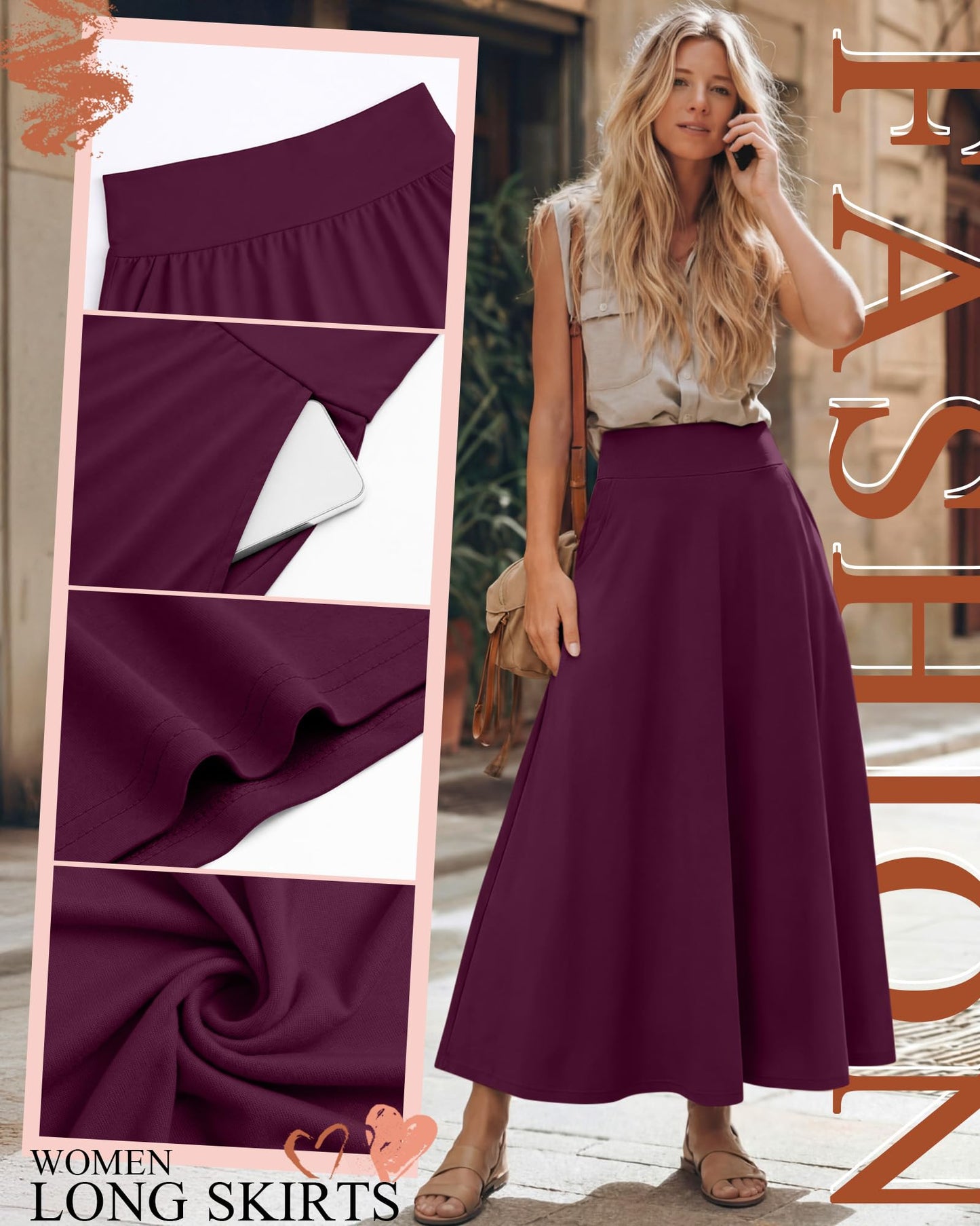 Ficerd 3 Pack Women's Maxi Long Skirts with Pockets, A Line Ankle Length High Waisted Flowy Soft Summer Casual Skirts