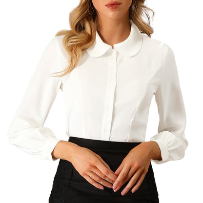 Allegra K Blusa de trabajo con cuello Peter Pan para mujer, estilo casual, de manga larga, con botones
