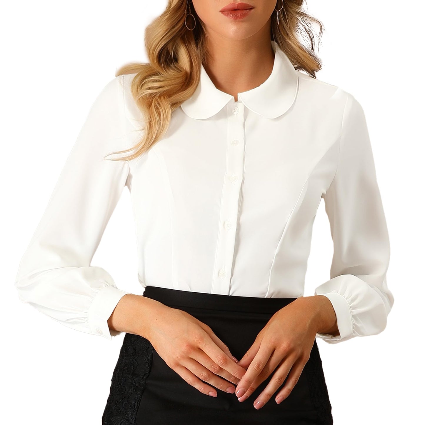 Allegra K Blusa de trabajo con cuello Peter Pan para mujer, estilo casual, de manga larga, con botones