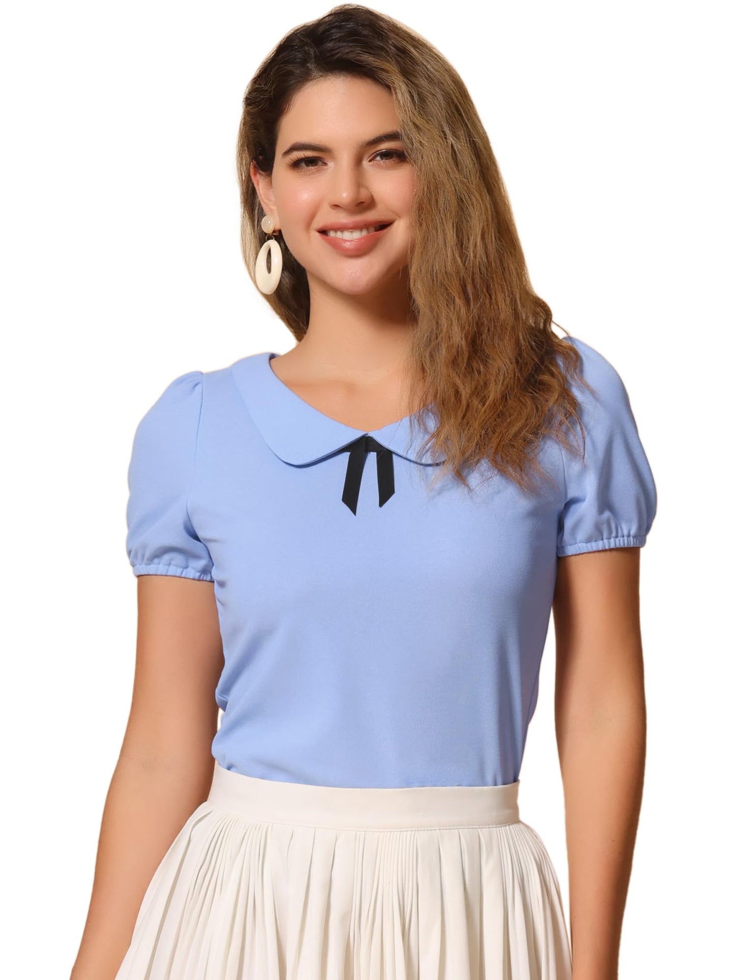 Allegra K Women's Peter Pan Collar Shirt Vintage 1950s Solid Short Sleeve Blouse