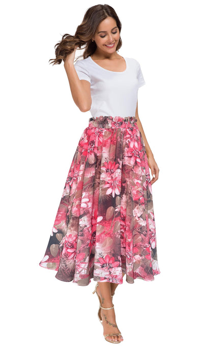 Afibi Women High Waist Floral Print Swing Chiffon Beach Midi Long Skirt with Pockets