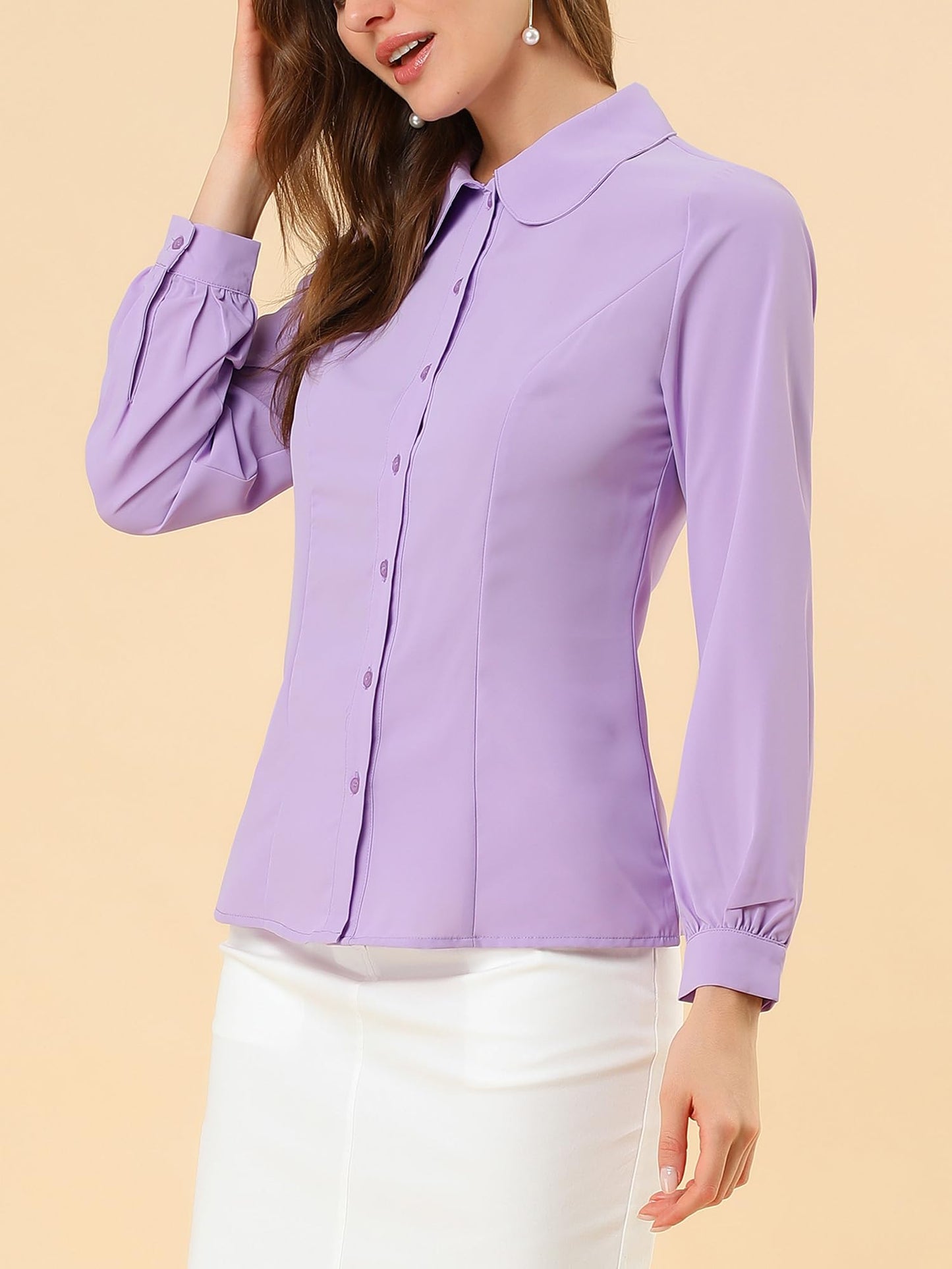 Allegra K Blusa de trabajo con cuello Peter Pan para mujer, estilo casual, de manga larga, con botones