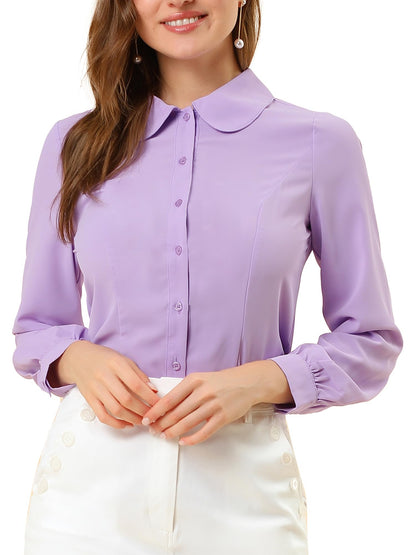 Allegra K Blusa de trabajo con cuello Peter Pan para mujer, estilo casual, de manga larga, con botones