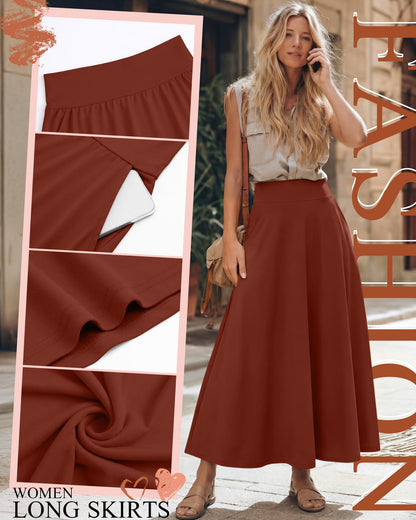 Ficerd 3 Pack Women's Maxi Long Skirts with Pockets, A Line Ankle Length High Waisted Flowy Soft Summer Casual Skirts