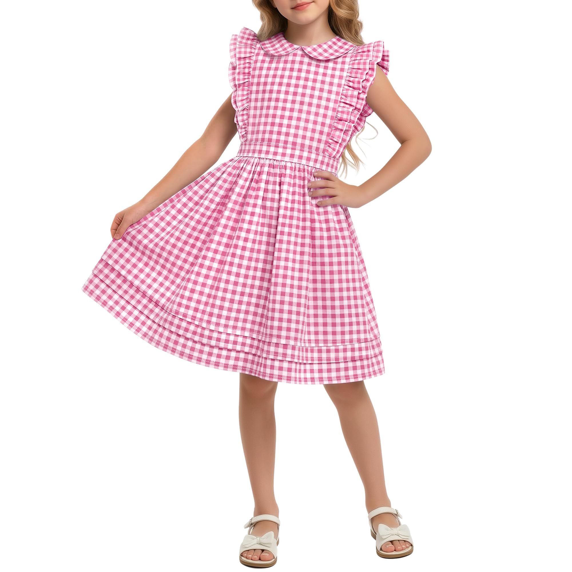 Xaatren Girls' Ruffle Sleeves Dress 5-14 Years Doll Collar Plaid Midi Length Gingham Flutter Pockets Summer Dress with Zipper