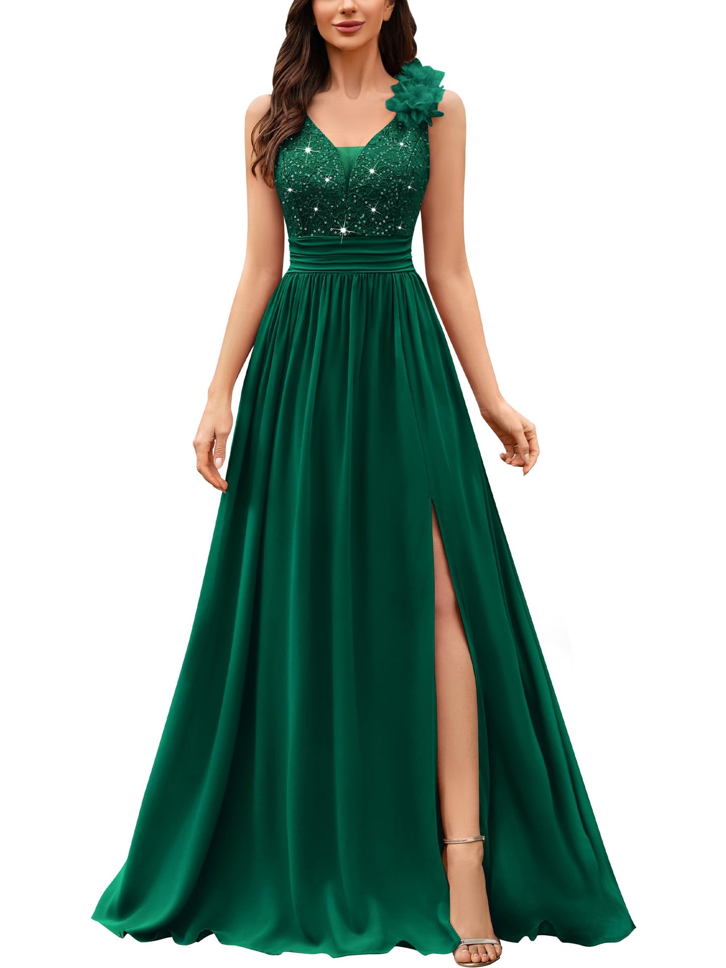 Miusol Women's Vintage V-Neck Sleeveless Sequined Split Formal Evening Maxi Dress