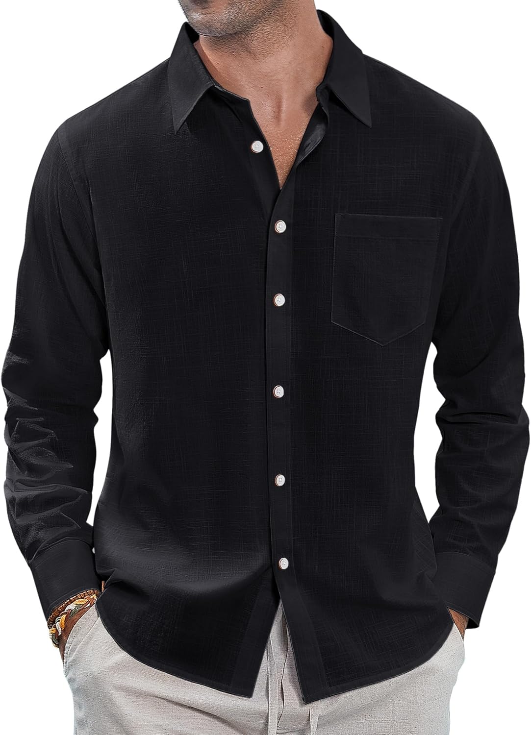 J.VER Men's Linen Shirts Casual Button Down Long Sleeve Shirt Solid Spread Collar Summer Beach Shirts with Pocket