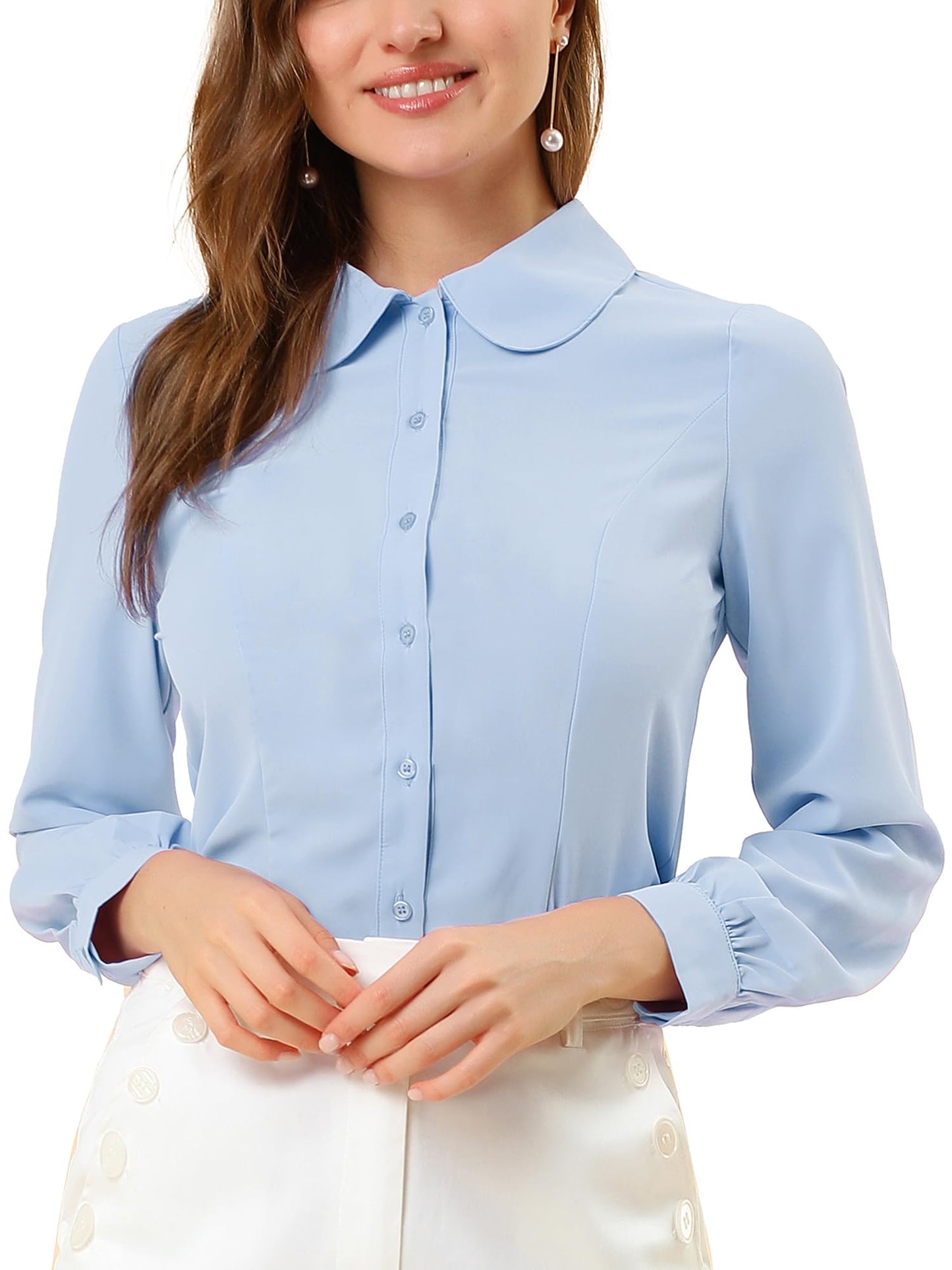 Allegra K Blusa de trabajo con cuello Peter Pan para mujer, estilo casual, de manga larga, con botones