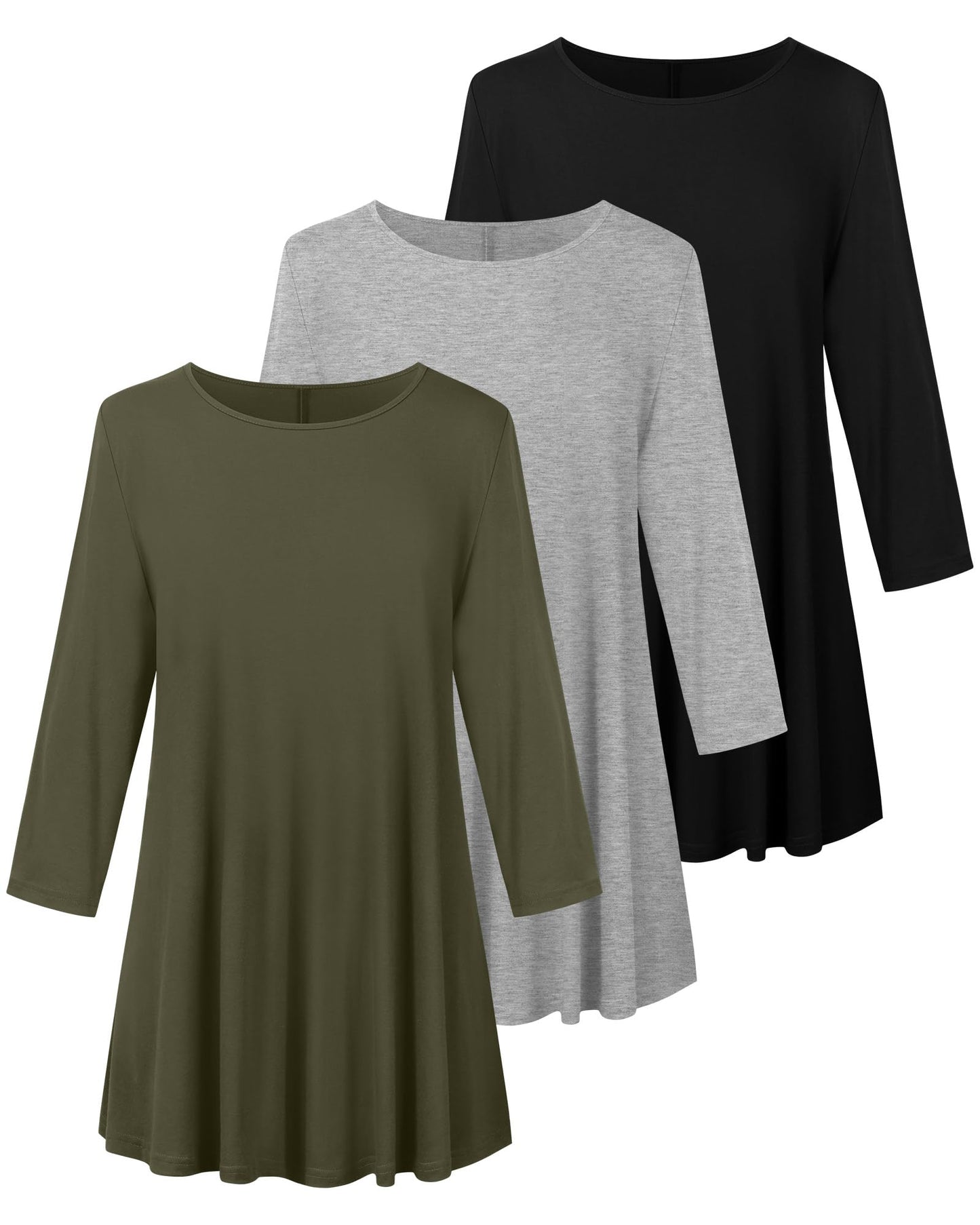 Evervibe 3 Pack Plus Size Tunic Tops for Curvy Women 3/4 Sleeve Shirts Loose Spring Casual Swing Flare Blouses with Leggings