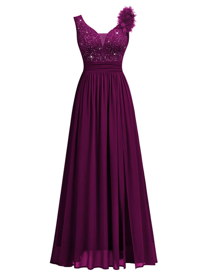Miusol Women's Vintage V-Neck Sleeveless Sequined Split Formal Evening Maxi Dress