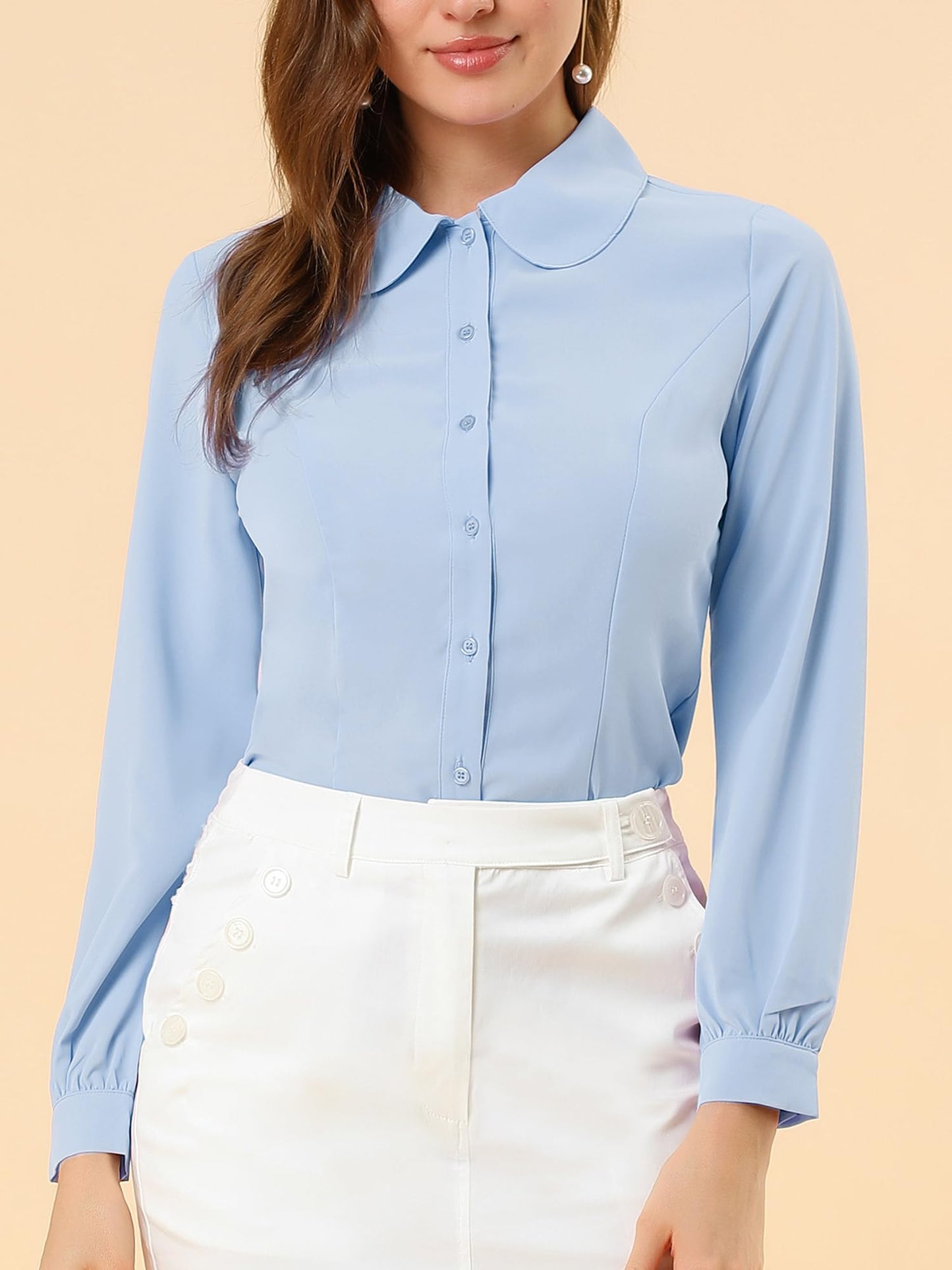 Allegra K Blusa de trabajo con cuello Peter Pan para mujer, estilo casual, de manga larga, con botones