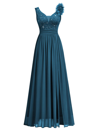 Miusol Women's Vintage V-Neck Sleeveless Sequined Split Formal Evening Maxi Dress