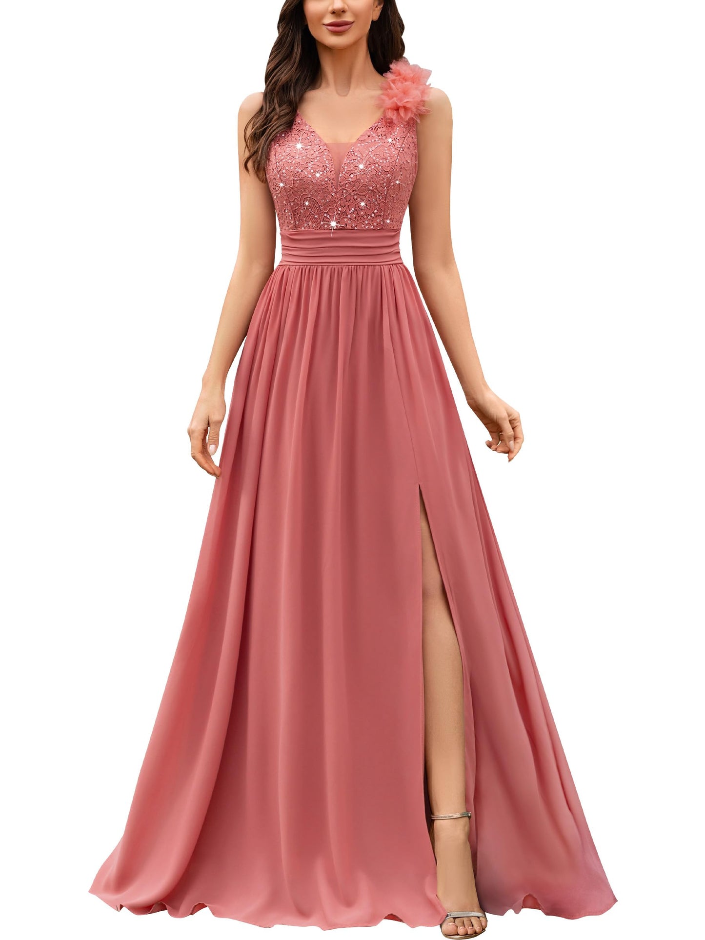 Miusol Women's Vintage V-Neck Sleeveless Sequined Split Formal Evening Maxi Dress