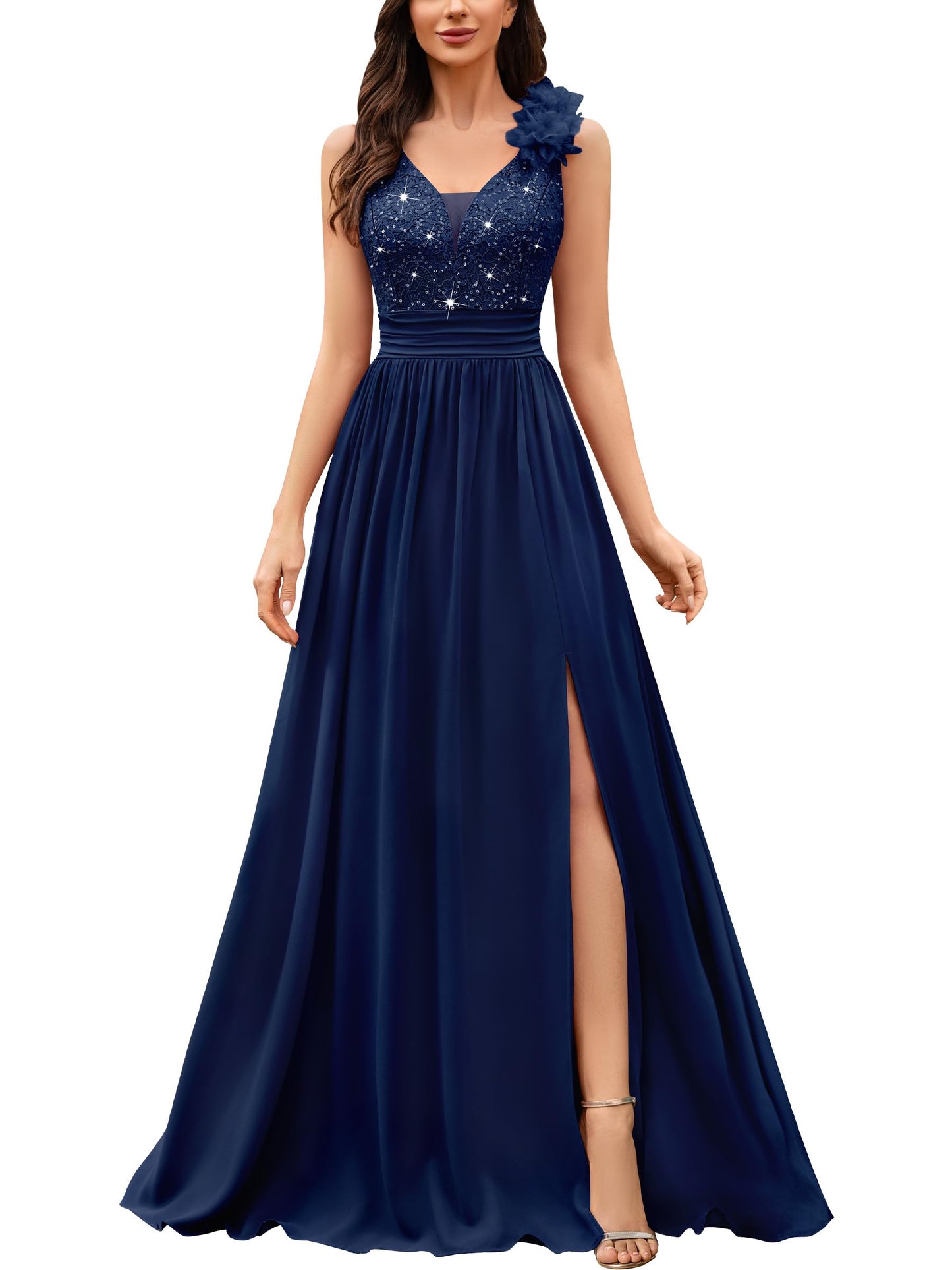 Miusol Women's Vintage V-Neck Sleeveless Sequined Split Formal Evening Maxi Dress