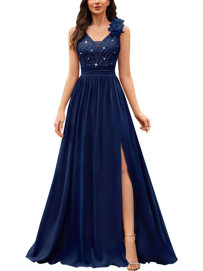 Miusol Women's Vintage V-Neck Sleeveless Sequined Split Formal Evening Maxi Dress