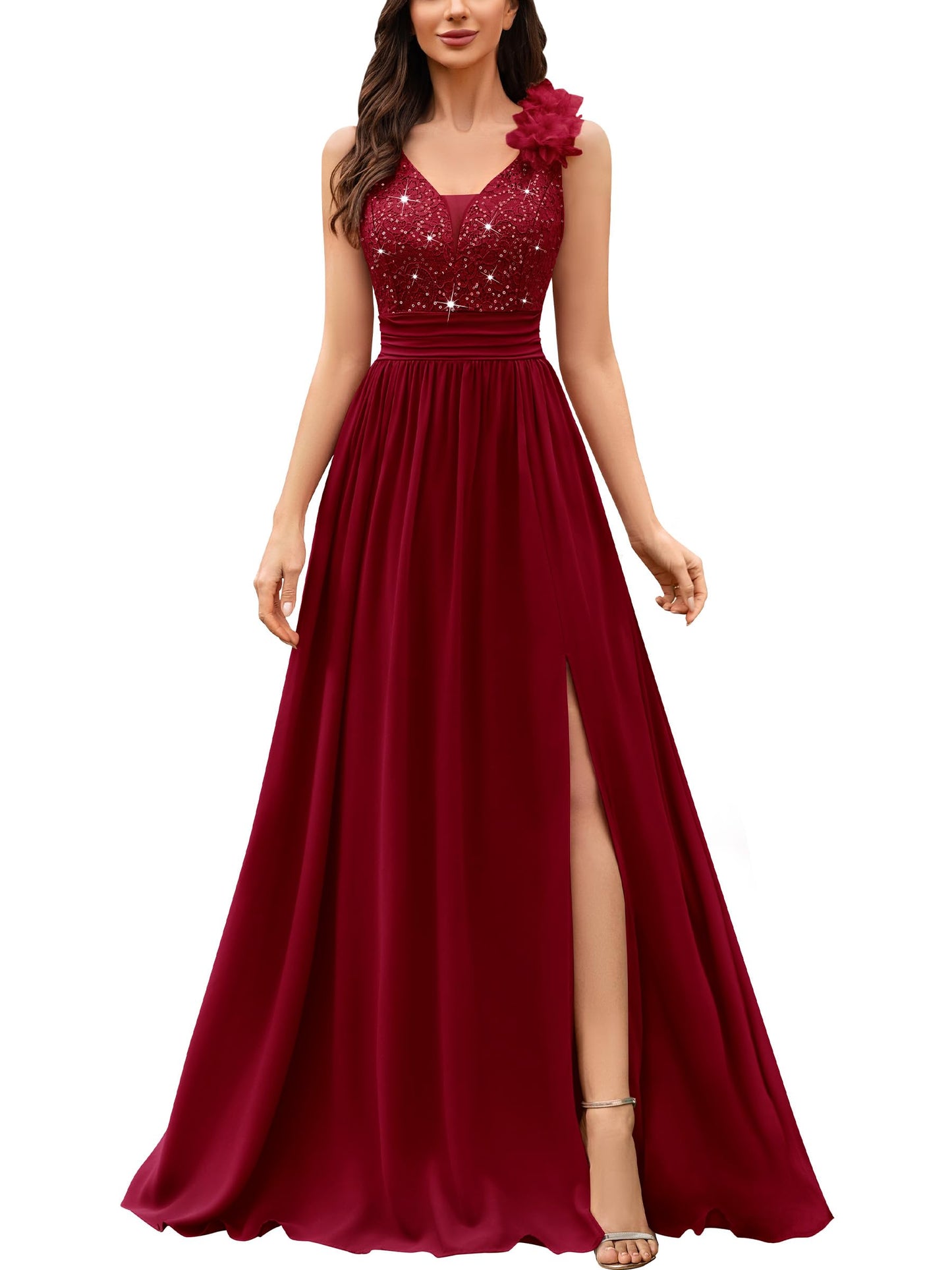 Miusol Women's Vintage V-Neck Sleeveless Sequined Split Formal Evening Maxi Dress