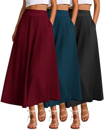 Ficerd 3 Pack Women's Maxi Long Skirts with Pockets, A Line Ankle Length High Waisted Flowy Soft Summer Casual Skirts