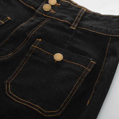 Belle Poque Black Jean Skirt for Women Vintage Below Knee Long Black Denim Skirt Belt M