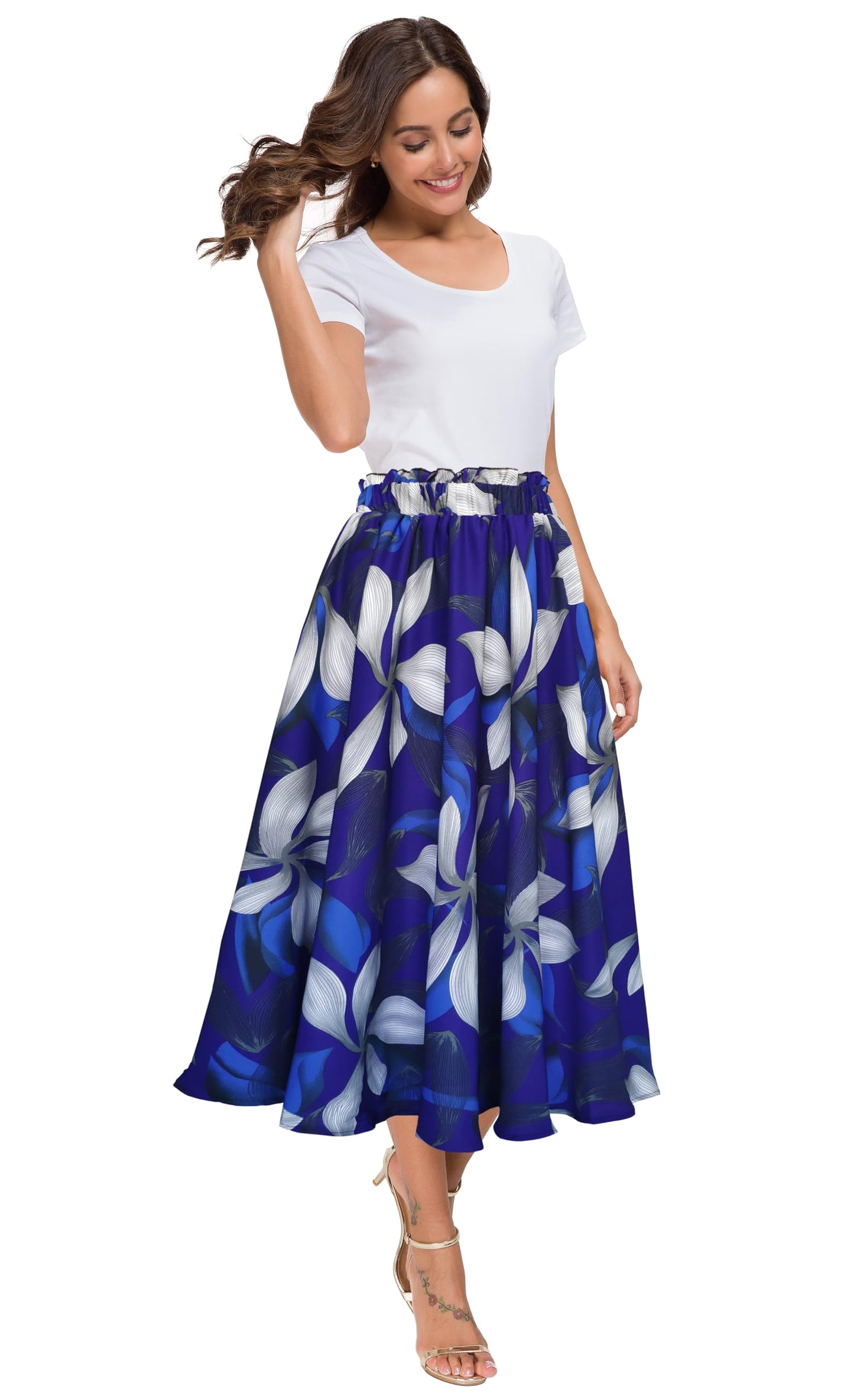 Afibi Women High Waist Floral Print Swing Chiffon Beach Midi Long Skirt with Pockets