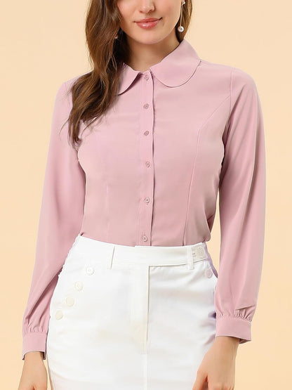 Allegra K Blusa de trabajo con cuello Peter Pan para mujer, estilo casual, de manga larga, con botones
