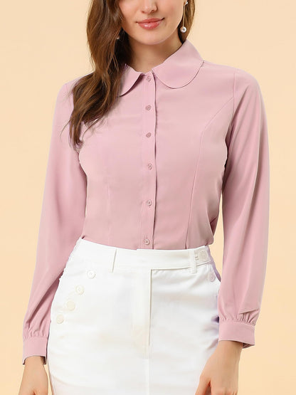 Allegra K Blusa de trabajo con cuello Peter Pan para mujer, estilo casual, de manga larga, con botones