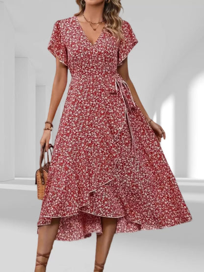 Floral Print Ruffle Hem Wrap Midi Dress