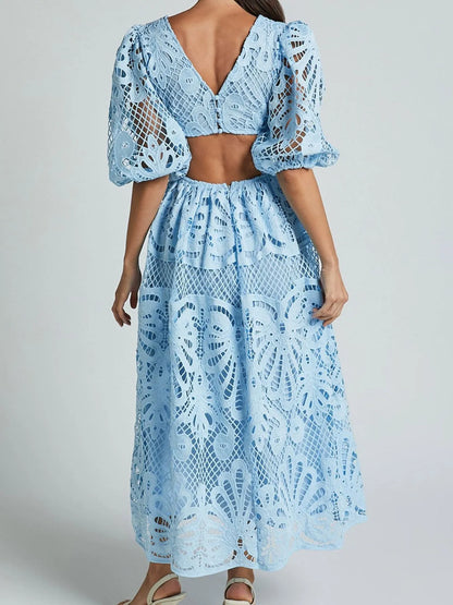 Cutout Back Lace Crochet V-Neck Dress