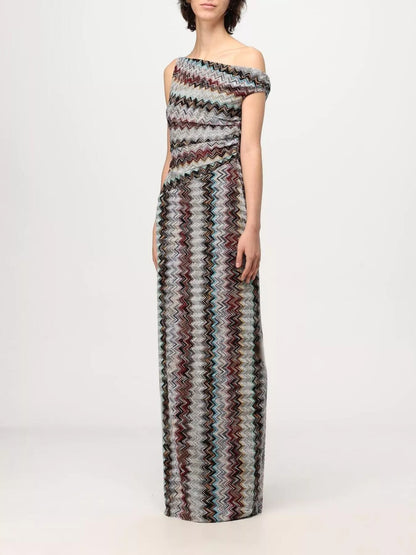 One-Shoulder Zigzag Knit Maxi Dress