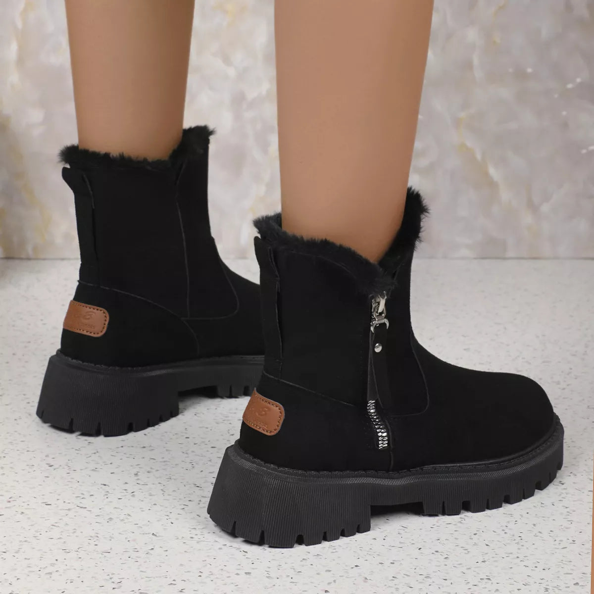Fuzzy Lined Ankle Boots with Zipper