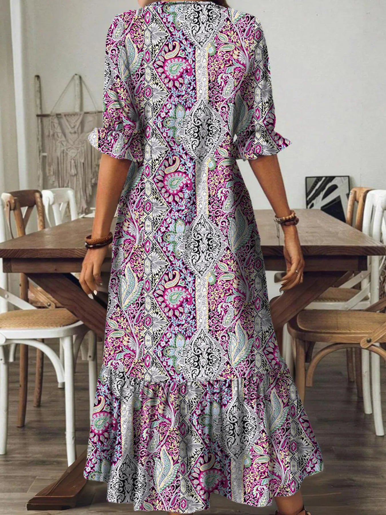 Bohemian Paisley Print V-Neck Midi Dress