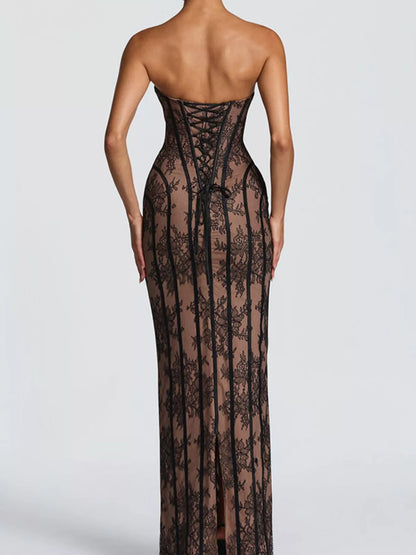 Lace Up Back Strapless Maxi Dress