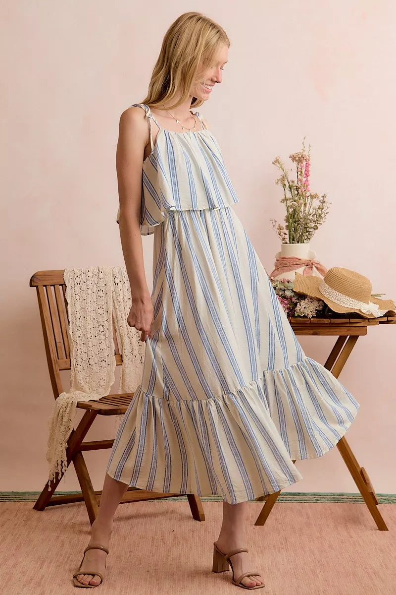 Stripe Tiered Shoulder Tie Midi Lined Dress