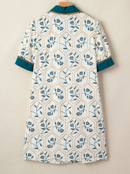 Floral Print Polo Collar Casual Mini Dress