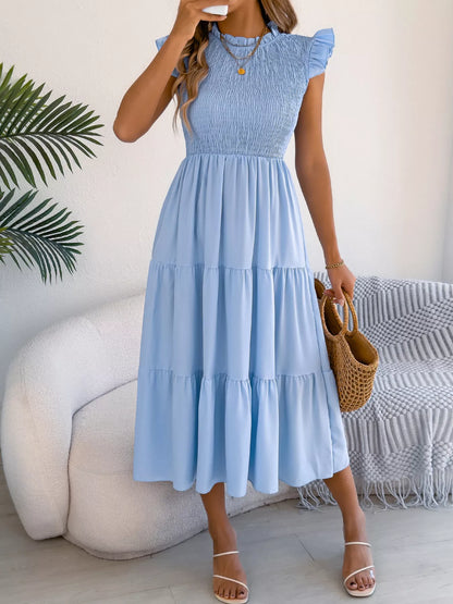 Women's Smocked Ruffle Midi Dress – Casual A-Line Cap Sleeve