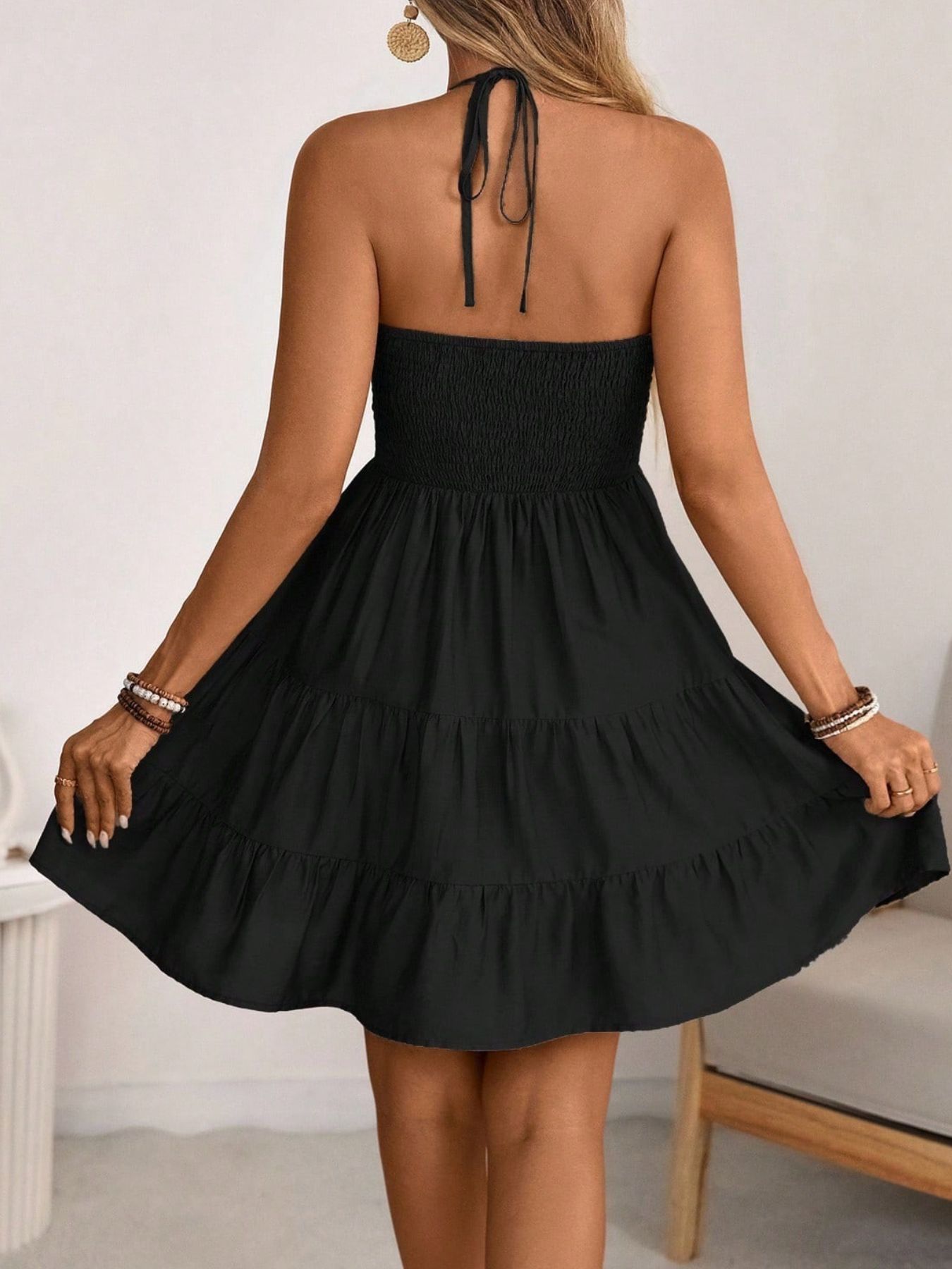 Smocked Halter Neck Tiered Dress