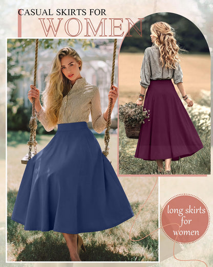 Ficerd 3 Pack Women's Maxi Long Skirts with Pockets, A Line Ankle Length High Waisted Flowy Soft Summer Casual Skirts