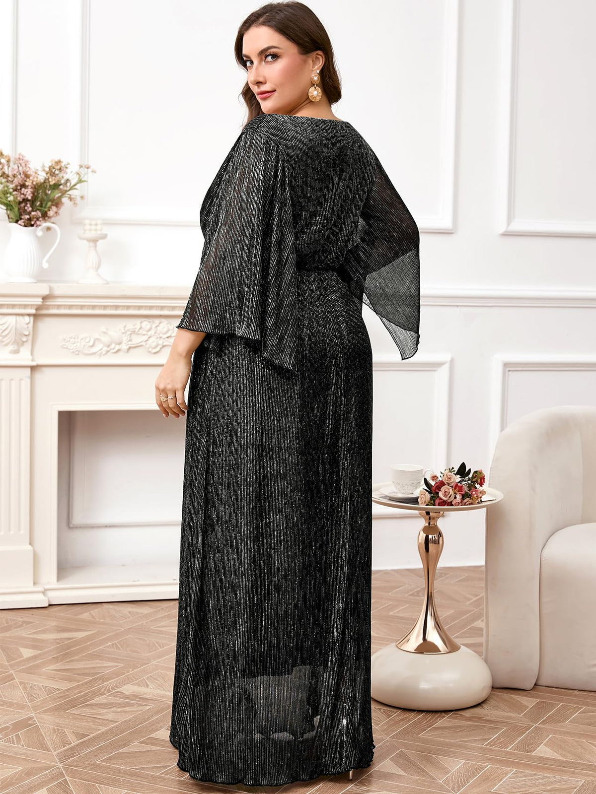Plus Size Formal Dress Maxi Sparkly V Neck A-line Handkerchief Sleeve Evening Gown Wedding Guest Cocktail Gala