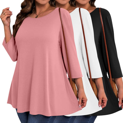 Evervibe 3 Pack Plus Size Tunic Tops for Curvy Women 3/4 Sleeve Shirts Loose Spring Casual Swing Flare Blouses with Leggings