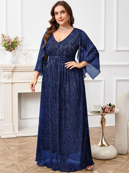 Plus Size Formal Dress Maxi Sparkly V Neck A-line Handkerchief Sleeve Evening Gown Wedding Guest Cocktail Gala