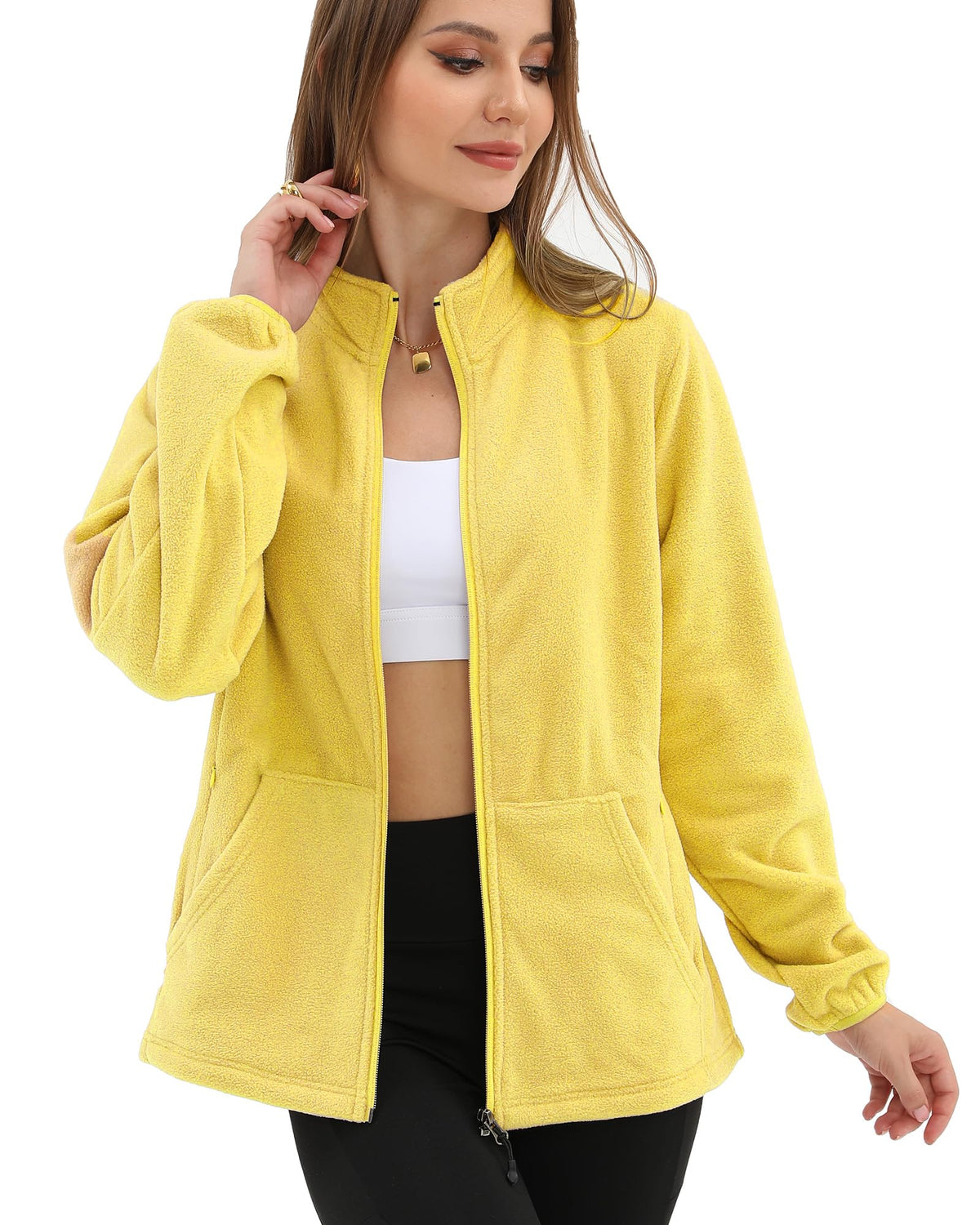 Argstar Women's Fleece Jacket, Lightweight Full Zip Classic Soft Casual Recreation Coat with Zipper Pockets Yellow XXL