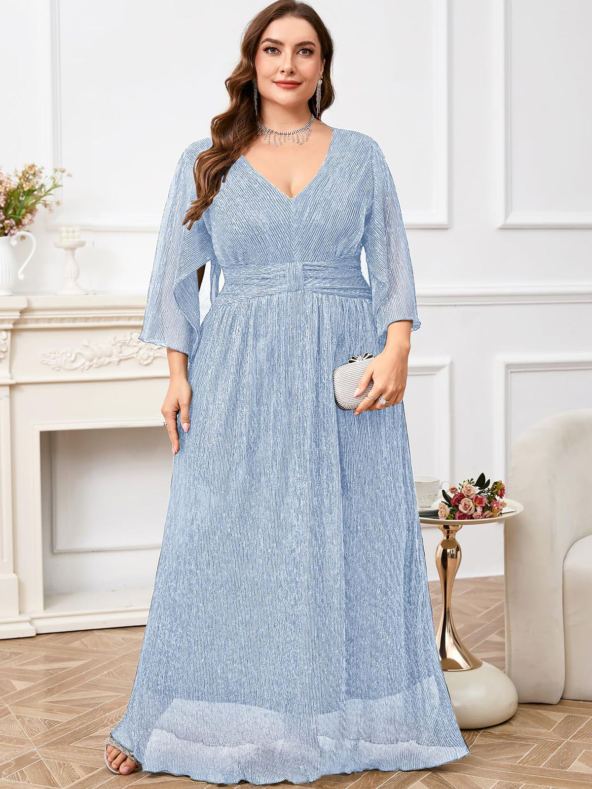 Plus Size Formal Dress Maxi Sparkly V Neck A-line Handkerchief Sleeve Evening Gown Wedding Guest Cocktail Gala