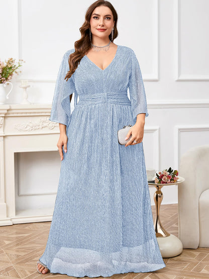 Plus Size Formal Dress Maxi Sparkly V Neck A-line Handkerchief Sleeve Evening Gown Wedding Guest Cocktail Gala
