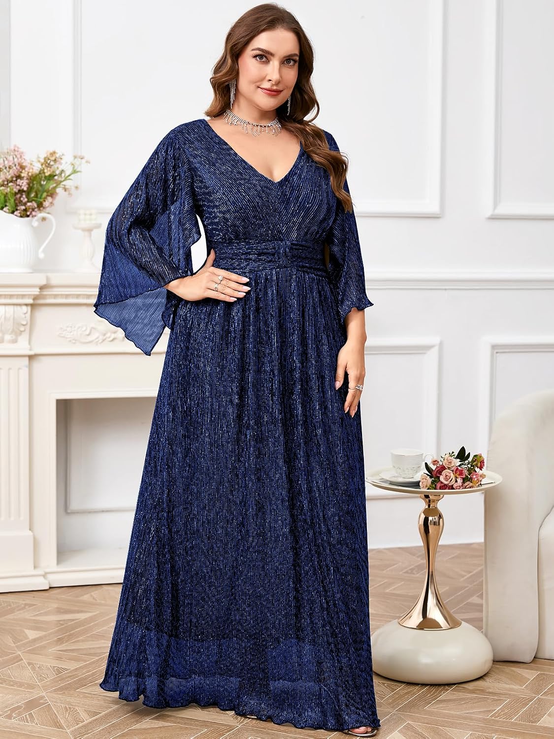 Plus Size Formal Dress Maxi Sparkly V Neck A-line Handkerchief Sleeve Evening Gown Wedding Guest Cocktail Gala