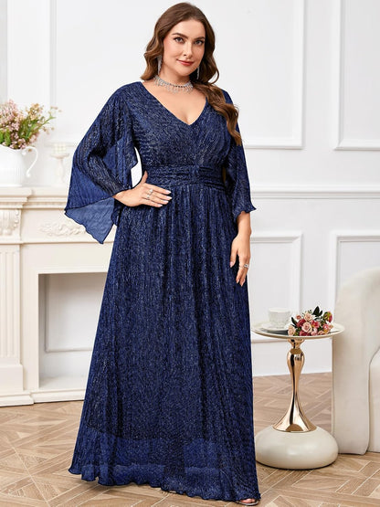 Plus Size Formal Dress Maxi Sparkly V Neck A-line Handkerchief Sleeve Evening Gown Wedding Guest Cocktail Gala