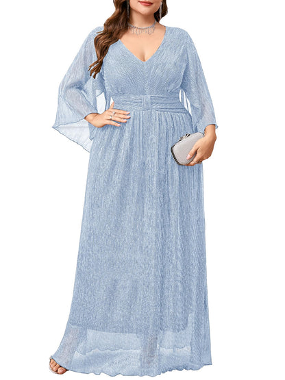 Plus Size Formal Dress Maxi Sparkly V Neck A-line Handkerchief Sleeve Evening Gown Wedding Guest Cocktail Gala