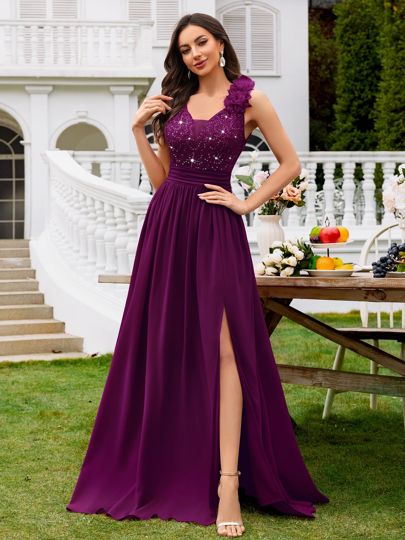 Miusol Women's Vintage V-Neck Sleeveless Sequined Split Formal Evening Maxi Dress